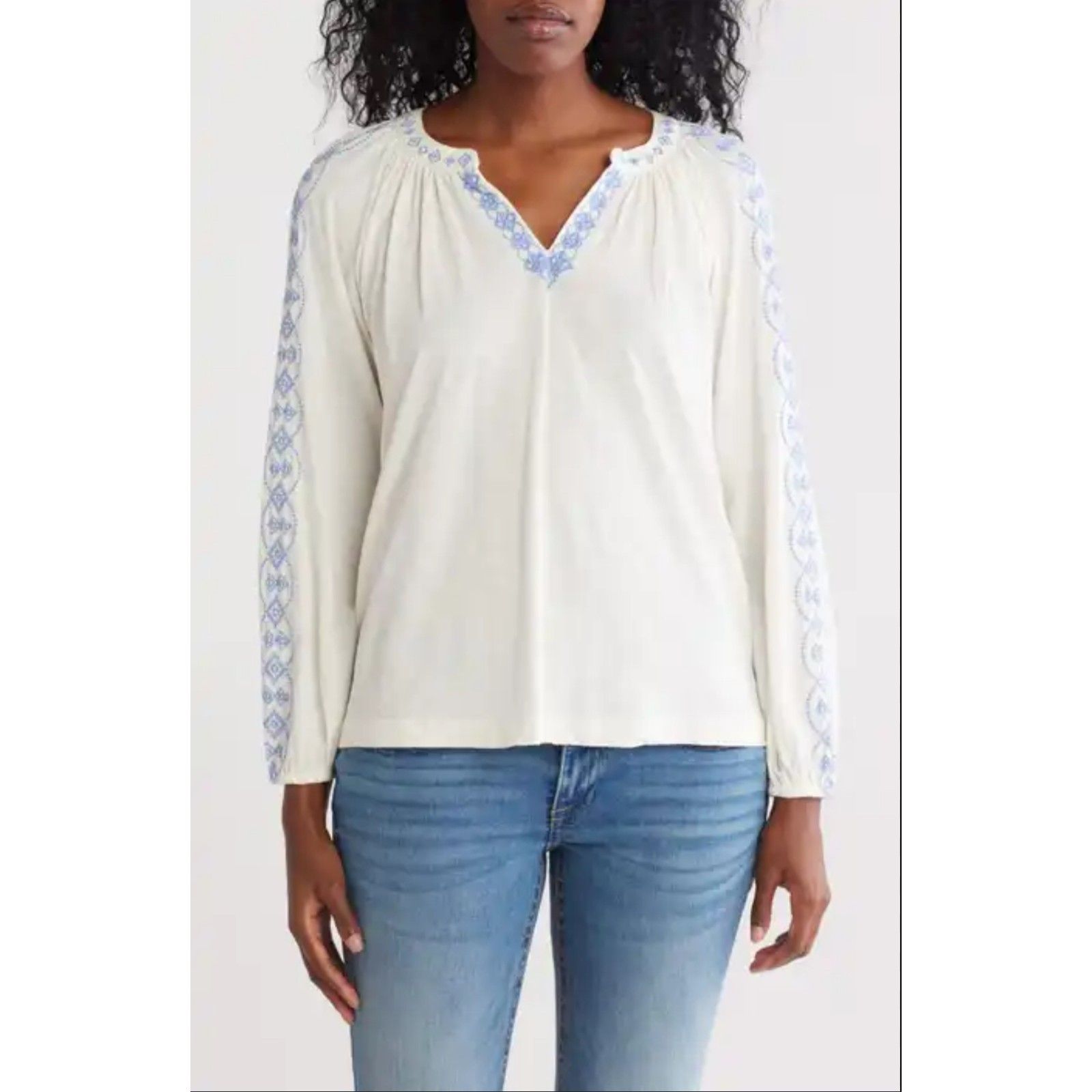 Nwt - Lucky Brand Ivory/Blue Embroidered Neck/Sleeves Cotton Boho Blouse, Sz L